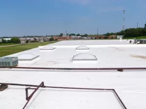 White flat roof with multiple skylights on a commercial building.